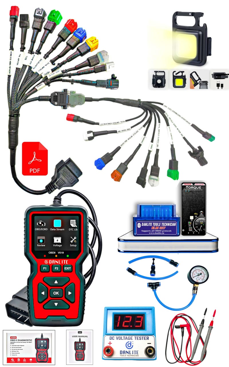 DANLITE TOOLS TECHNICIAN BS6-BS7 Scanning Cable [21 • Coplar] V519 OBD-II Scanner,ELM 327 OBD-II Scanner, ★DC Voltage Tester,★Fule Pressure Gauge,★LED Keychain Light, [★Scanning KIT★] - Image 1