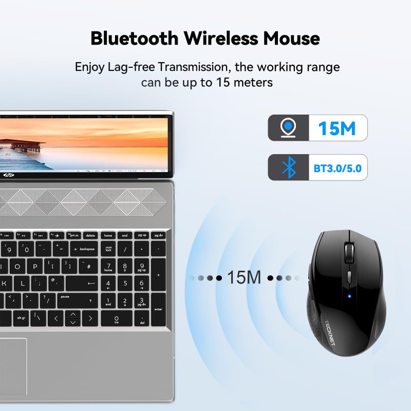 TECKNET Bluetooth Mouse, 4800 DPI Wireless Mouse, 2-Year Battery 6 Adjustable DPI, 6 Buttons Compatible with Laptop/Windows/Computer - Black - Image 3