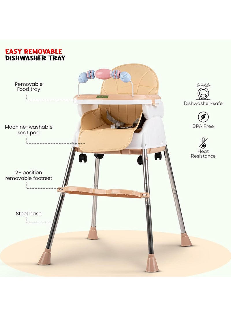 BAYBEE 4-In-1 Nora Convertible High Chair For Kids With Adjustable Height And Footrest, Toddler Feeding Booster Seat And Tray Safety Belt - Beige  - Image 3
