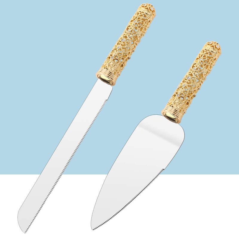 Jozen Gift Gold Cake Knife and Server Set  2 Piece Dessert Set Metal Handle with Crystal Stones Decoration for Wedding Anniversary Party Birthday Banquets and Gifts for Bride and Groom
