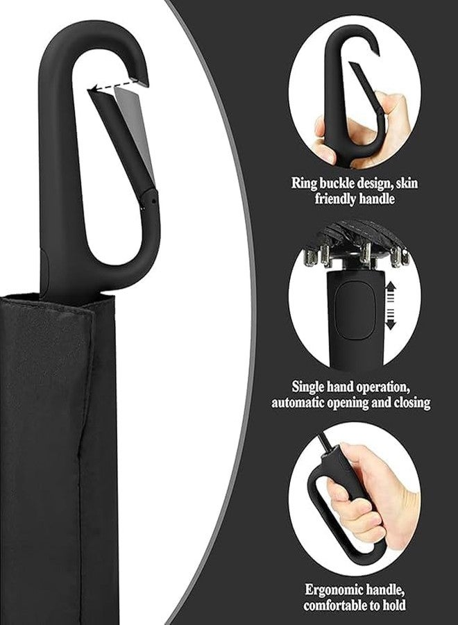 Pirron Umbrella with Novelty Carabiner Handle, Travel Umbrellas for Rain and Sun Windproof Compact, Automatic Open Close, 8 Ribs, Portable Umbrella for Men and Women (BLACK) - Image 2