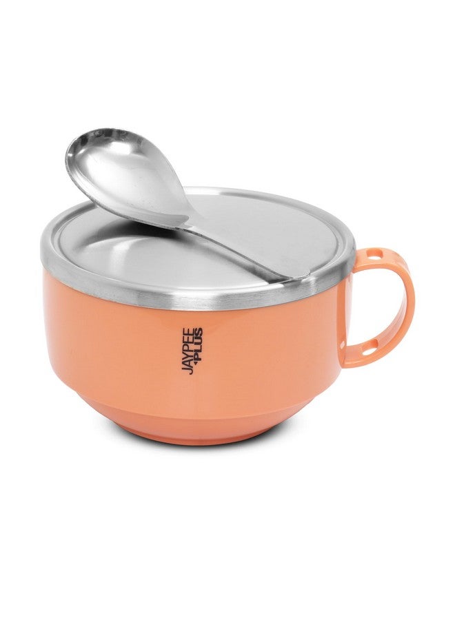 Jaypee Plus Stainless Steel Solid Soup Container/Bowl With Steel Lid & Steel Spoon With Holder Orange, 700 ml - Image 1