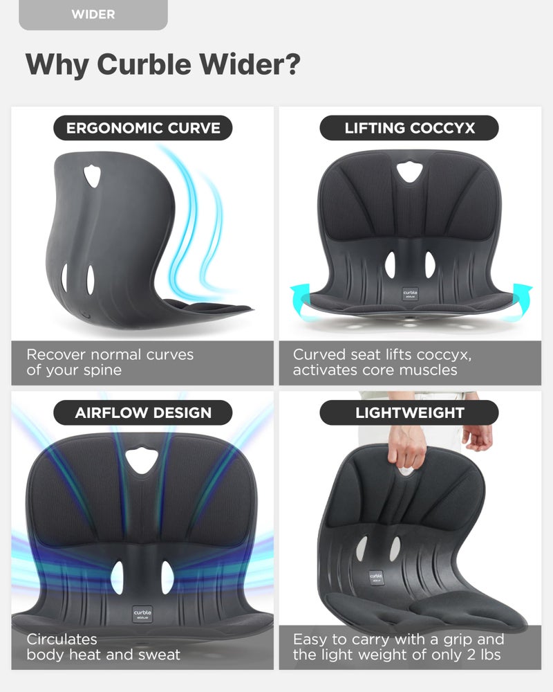 Curble Wider(Standard Wide) – Ergonomic Lower Back Support, Lumbar Support Back Posture Corrector for Low Back Pain Relief, Perfect for Home Office Desk Chair, and Floor Seat, Patented (Black) - Image 4