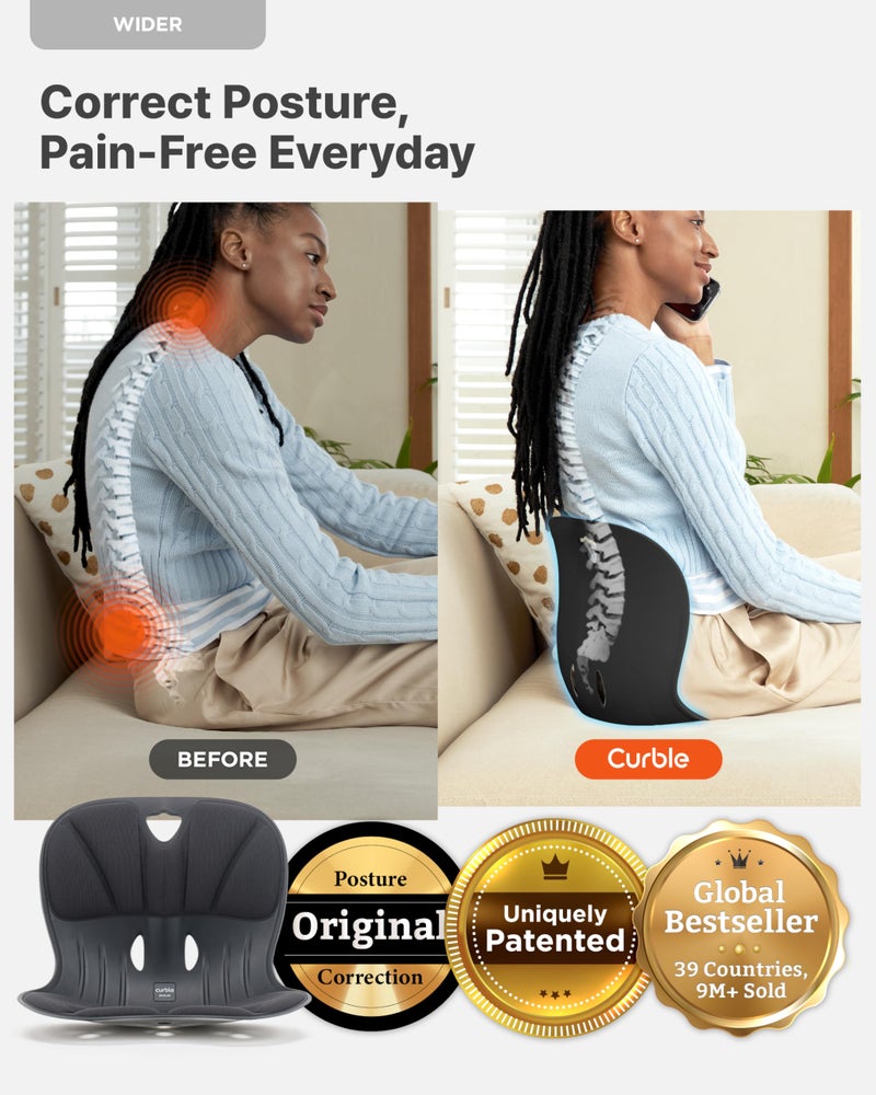 Curble Wider(Standard Wide) – Ergonomic Lower Back Support, Lumbar Support Back Posture Corrector for Low Back Pain Relief, Perfect for Home Office Desk Chair, and Floor Seat, Patented (Black) - Image 2