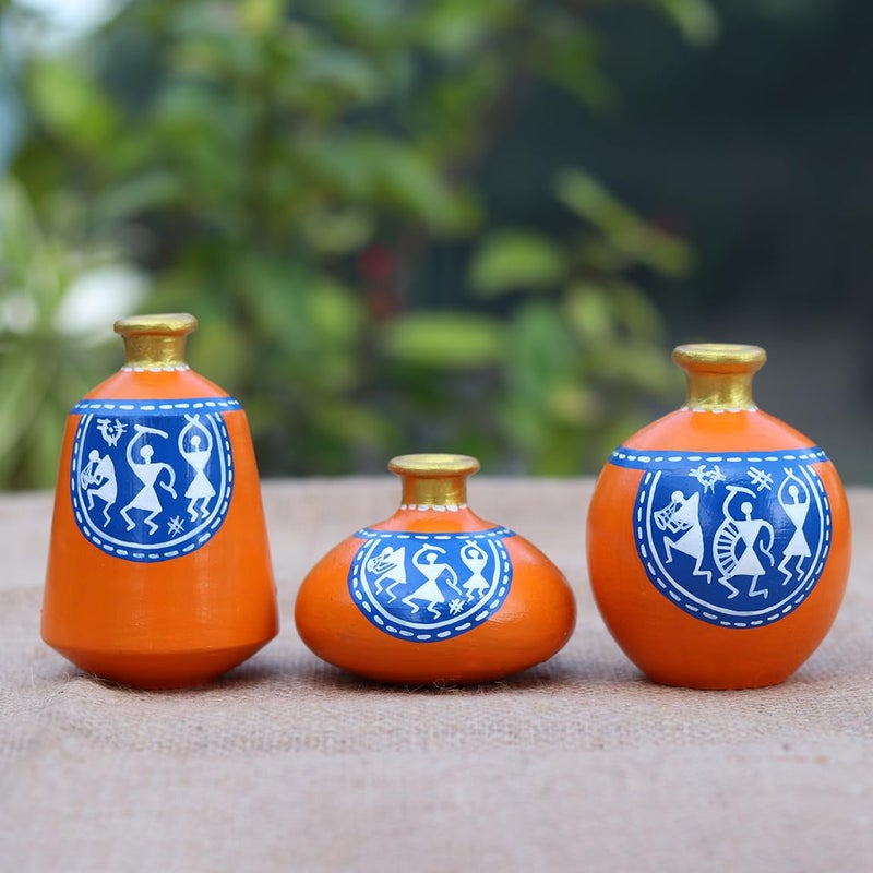 A KARVEER Crafts Terracotta Clay 3 Miniature Warli Painting Pot Set Vase Small Size Home Decorative Shelf Decor Office Dcor Handpainted vase Showpieces 4 Inches Set of 3 
