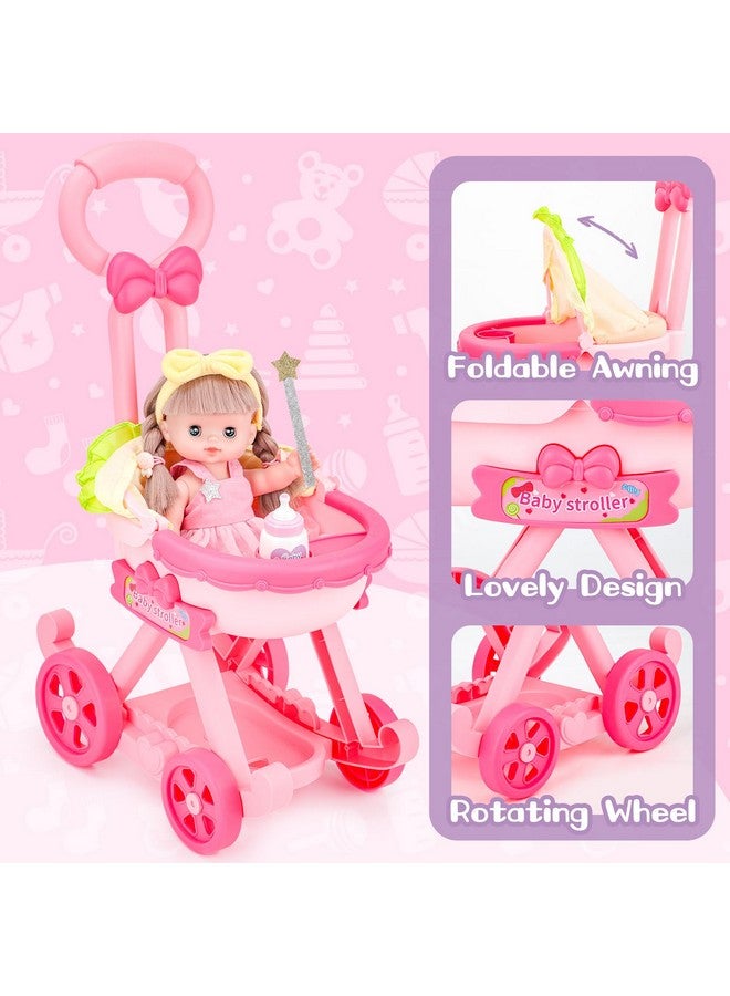 deAO عربة أطفال مع دمية مقاس 12 بوصة، مجموعة لعب دور دمية أطفال مقاس 12 بوصة مع عربة أطفال قابلة للطي، 16 قطعة من ملحقات دمية الأطفال، مجموعة لعب حضانة الدمى للأطفال من سن 3 إلى 4 سنوات و5 إلى 6 سنوات - Image 3