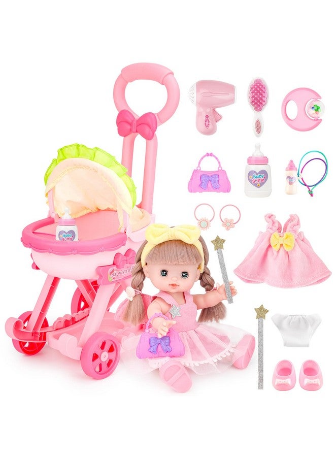 deAO عربة أطفال مع دمية مقاس 12 بوصة، مجموعة لعب دور دمية أطفال مقاس 12 بوصة مع عربة أطفال قابلة للطي، 16 قطعة من ملحقات دمية الأطفال، مجموعة لعب حضانة الدمى للأطفال من سن 3 إلى 4 سنوات و5 إلى 6 سنوات - Image 2