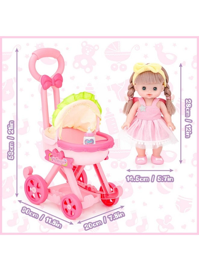 deAO عربة أطفال مع دمية مقاس 12 بوصة، مجموعة لعب دور دمية أطفال مقاس 12 بوصة مع عربة أطفال قابلة للطي، 16 قطعة من ملحقات دمية الأطفال، مجموعة لعب حضانة الدمى للأطفال من سن 3 إلى 4 سنوات و5 إلى 6 سنوات - Image 5