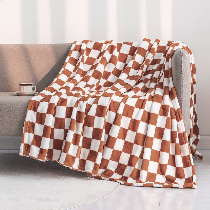 LOMAO Throw Blankets Flannel Blanket with Checkerboard Grid Pattern Soft Throw Blanket for Couch Bed Sofa Luxurious Warm and Cozy for All Seasons Maple Brown 50x60