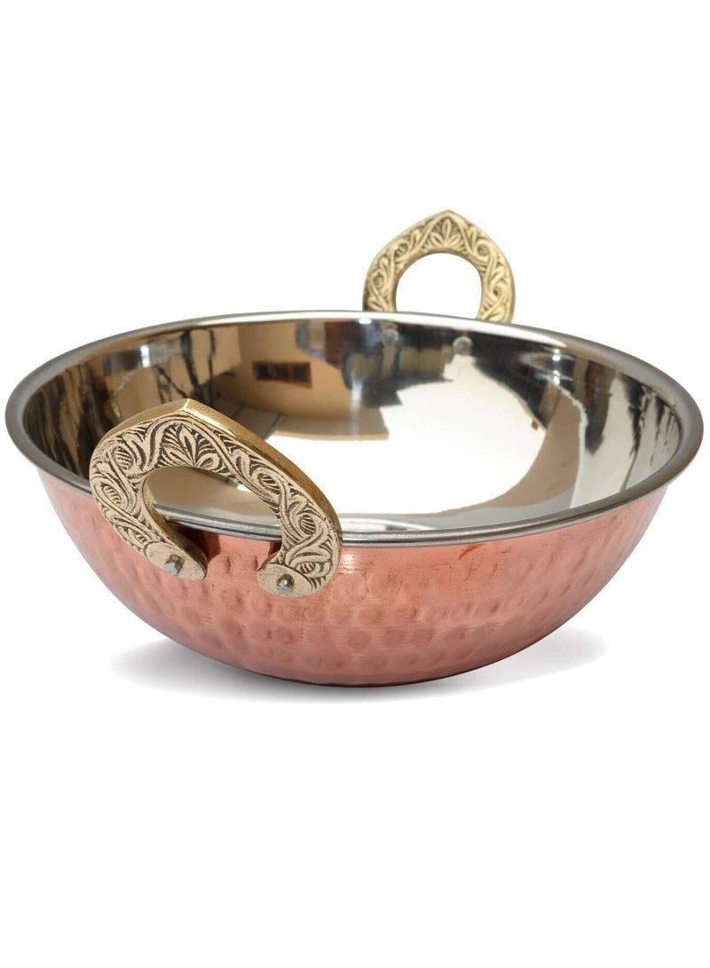 Royal Copper Hammered Design Wok Kadhai with Brass Handles, Serve ware | Tableware | Dinnerware | 18 Centimeter/800 ML - Image 1
