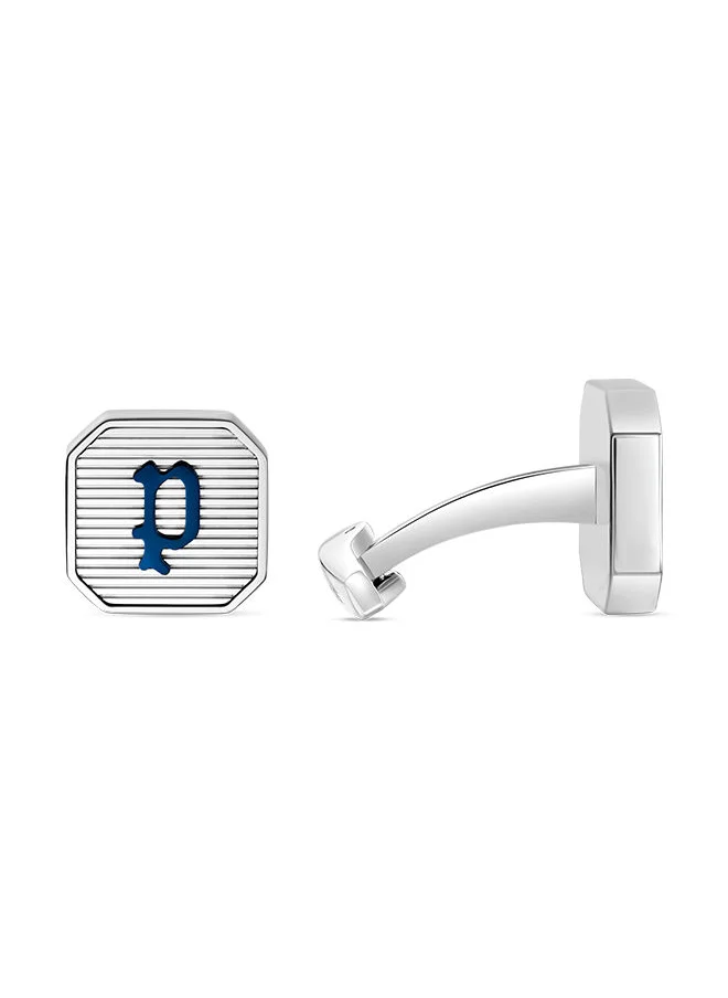 بوليس Police Square Shape Stainless Steel Gents Cufflinks With Blue P Logo - PEAGC0000407