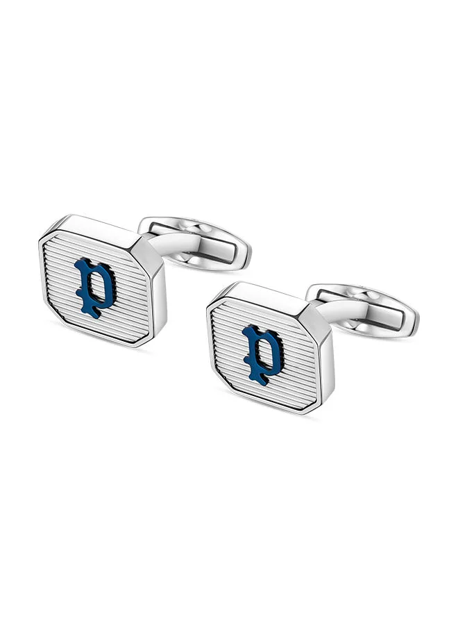 بوليس Police Square Shape Stainless Steel Gents Cufflinks With Blue P Logo - PEAGC0000407