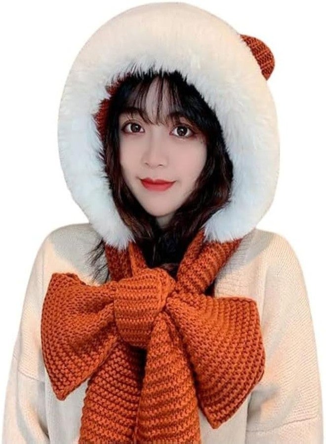Richmen Winter Cap for Women Woolen Cap Attached with Mufflers for Girls & Ladies Stylish Soft Knitted Fleece Lined Pom-Pom Hat Warm Caps for Women Winter Wear(Orange) - Image 2