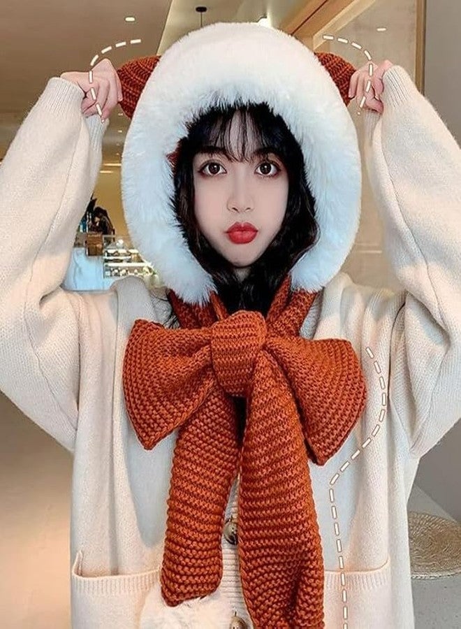 Richmen Winter Cap for Women Woolen Cap Attached with Mufflers for Girls & Ladies Stylish Soft Knitted Fleece Lined Pom-Pom Hat Warm Caps for Women Winter Wear(Orange) - Image 3