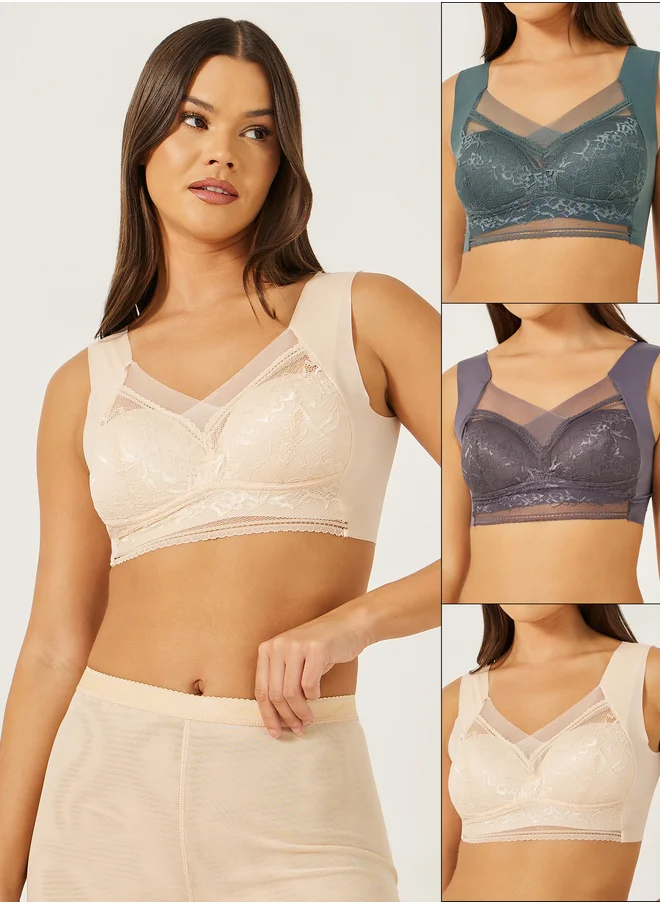 Styli 3PK PNW FULL SUPPORT MESH CROSS OVER FRONT LACE CUP CROP TOP