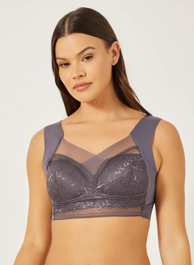 Styli 3PK PNW FULL SUPPORT MESH CROSS OVER FRONT LACE CUP CROP TOP