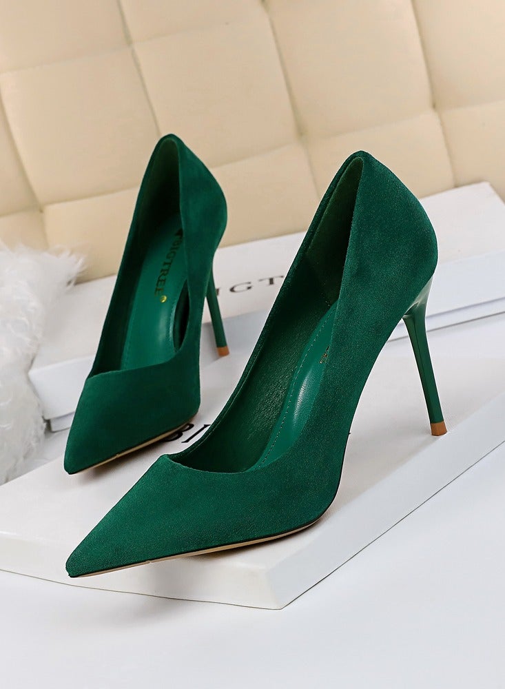 بيج تري Women's Solid Color Elegant Velour Stiletto Pumps 9 CM Fashion Gorgeous Closed Pointed Toe Slip On Solid High Heels Green - Image 1