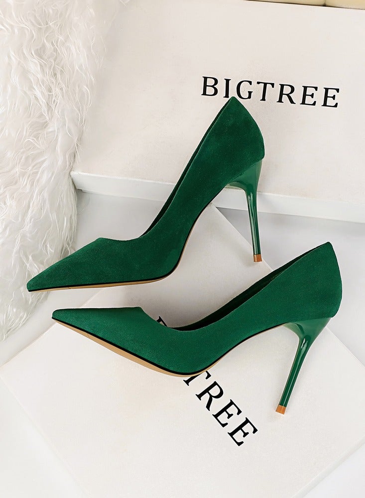 بيج تري Women's Solid Color Elegant Velour Stiletto Pumps 9 CM Fashion Gorgeous Closed Pointed Toe Slip On Solid High Heels Green - Image 3