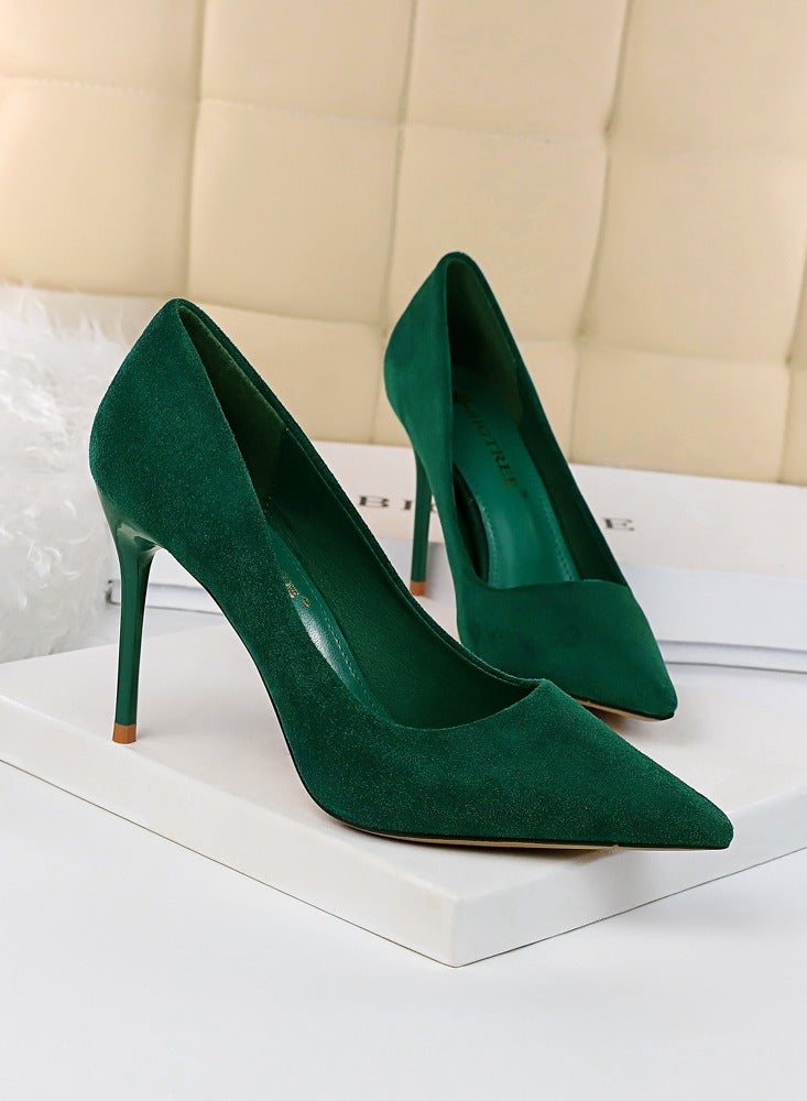 بيج تري Women's Solid Color Elegant Velour Stiletto Pumps 9 CM Fashion Gorgeous Closed Pointed Toe Slip On Solid High Heels Green - Image 2