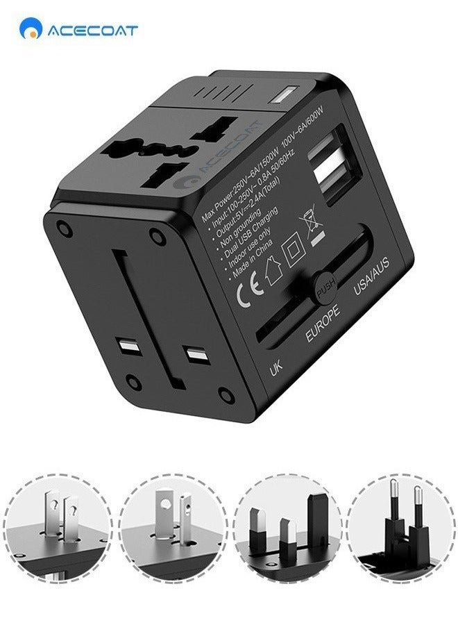 ACECOAT Worldwide Universal Travel Adapter Plug Converter Charger Outlet with 2.4A Dual USB-A,1500W Multifunctional International Power Adapter Wall Charger with Child Safety Door,Global AC Outlet,Black - Image 1