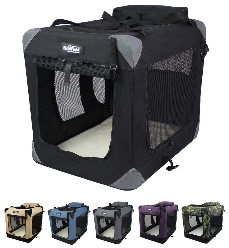 EliteField 3Door Folding Soft Dog Crate with Carrying Bag and Fleece Bed 2 Year Warranty Indoor Outdoor Pet Home 30 L x 21 W x 24 H Black