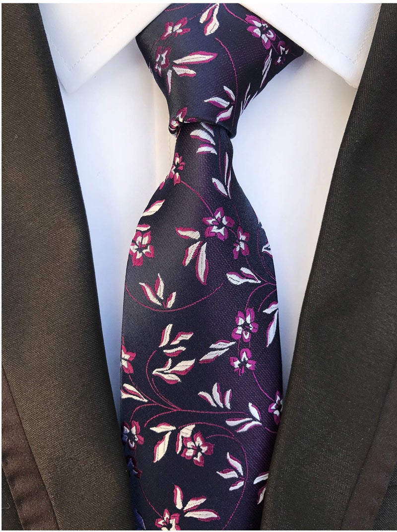 Elfeves Mens Purple Extra Long White Rose Woven Silk Work Dress Tie Fashion Fun Necktie - Image 2