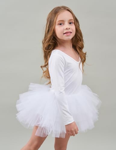 Tutu.kk Toddler Girls Tutu Ballet Dress Gymnastics Long Sleeve 4-Layers Tulle Tutu Leotard White 3-4 Years - Image 3