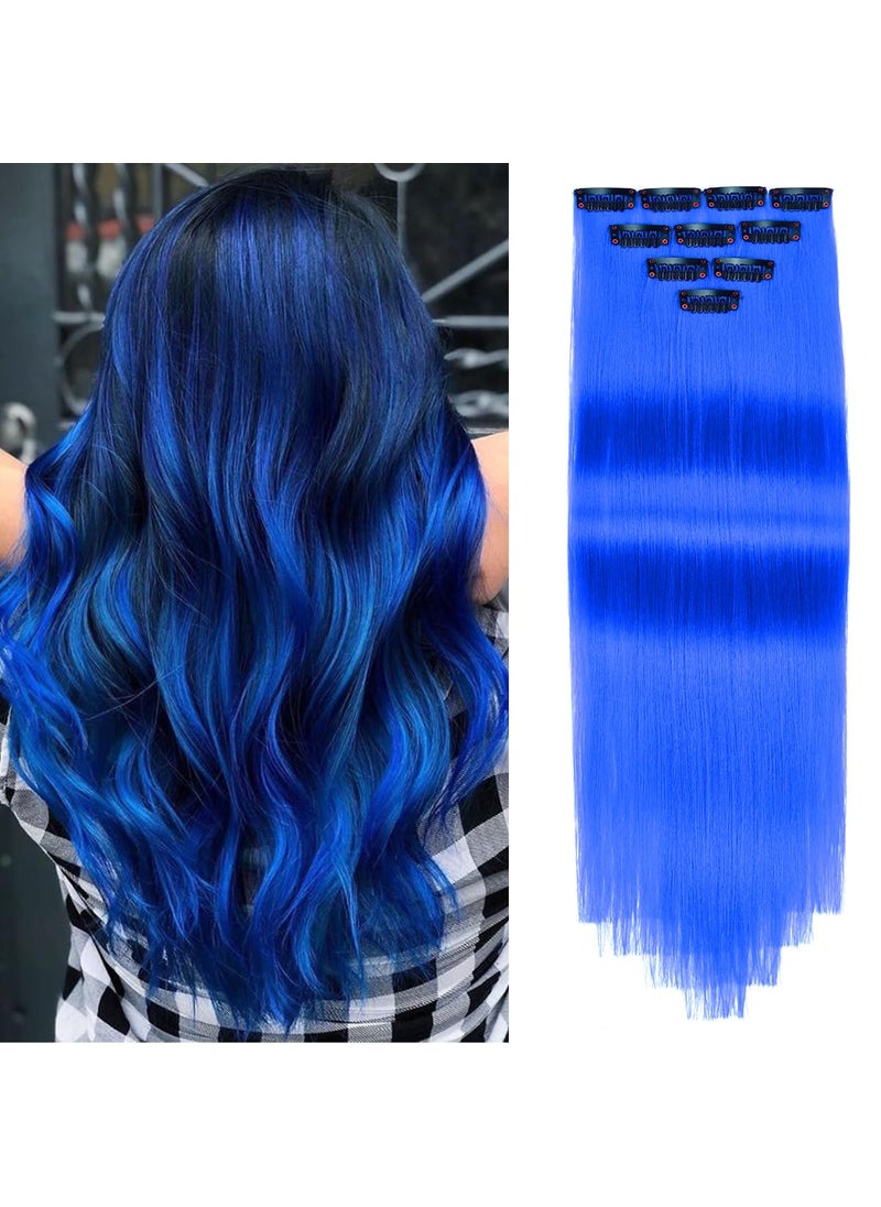Rose bud Rose bud Coloured Hair Extensions Clip in 10 pcs Straight Synthetic Hairpieces Highlights 21 Inch Sapphire Blue Clip on Hair Extension for Women Girls Christmas Party 