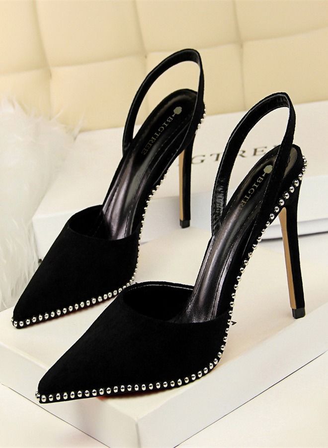 BIGTREE Pointed Back Strap Rivet High Heel Sandals 9CM Black - Image 1