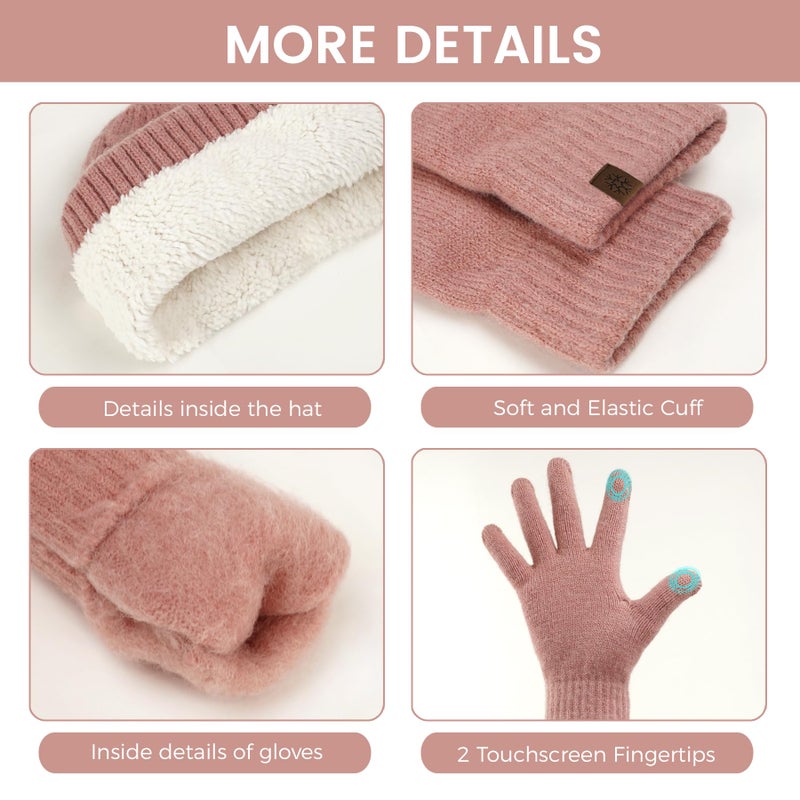 MA COWCF Womens Winter Beanie Hat Scarf Gloves Set Knit Touch Screen Gloves Long Scarf Skull Caps Fleece Lined Winter Gift for Women Men(Pink) - Image 4