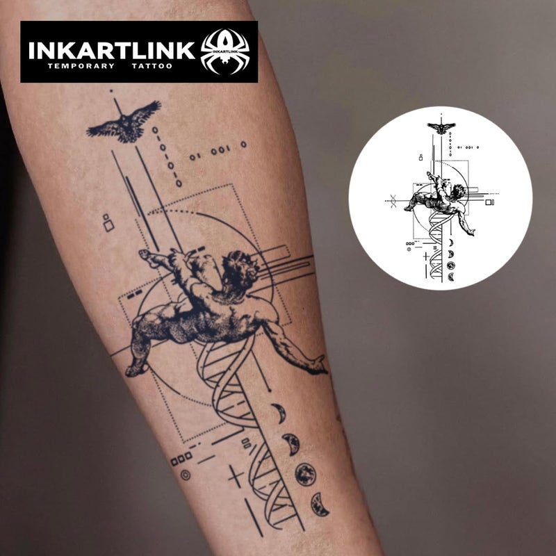 INKARTLINK تاتو تكنولوجيا INKARTLINK، 2 ورقة تاتو شبه دائم كبير جداً، تصميم فن مؤقت للبالغين، يدوم 1-2 أسبوع، مقاوم للماء، مظهر واقعي، بدون لاصق، بدون انعكاس (تصميم ملاك متنازل) - Image 2