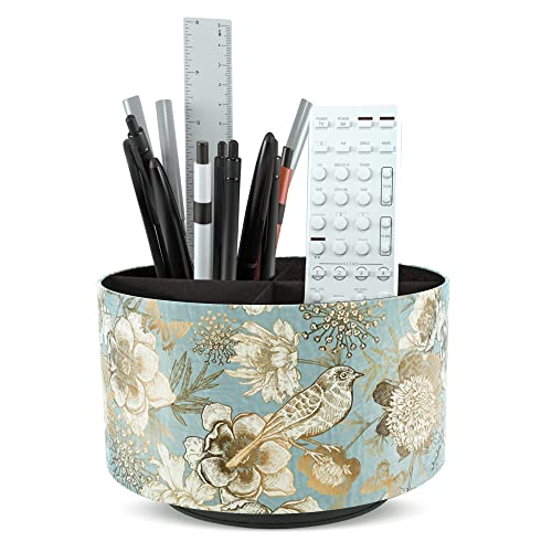 Hennaja Round Leather Art Supply Organizer,Remote Control Holder,360 Degree Rotating,Multi-Functional Pencil Holder,4 Compartments Desktop Stationary Organizer(1-Blue Bird) - Image 1