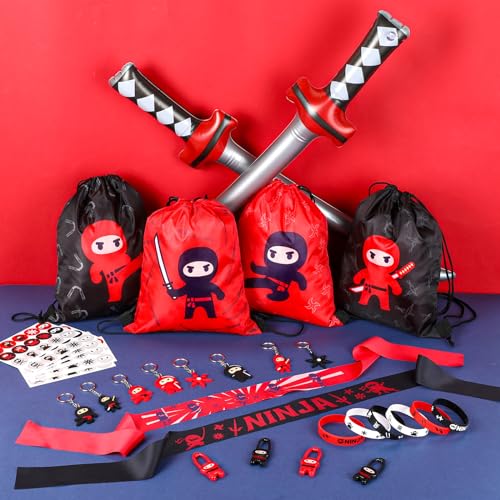 Tondiamo 168 Pcs Ninja and Pirate Party Favors with Drawstring Backpack Headband Inflatable Sword Bracelet Sticker Keychain Stretch Ninja or Pirate Eye Mask For Karate Birthday (Ninja Style) - Image 5