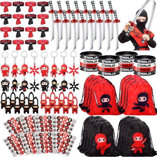 Tondiamo 168 Pcs Ninja and Pirate Party Favors with Drawstring Backpack Headband Inflatable Sword Bracelet Sticker Keychain Stretch Ninja or Pirate Eye Mask For Karate Birthday (Ninja Style) - Image 3