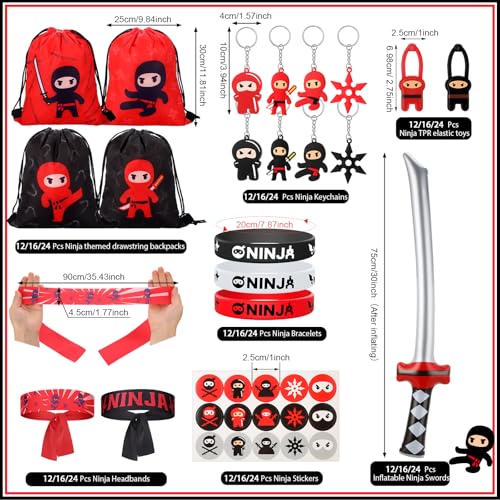 Tondiamo 168 Pcs Ninja and Pirate Party Favors with Drawstring Backpack Headband Inflatable Sword Bracelet Sticker Keychain Stretch Ninja or Pirate Eye Mask For Karate Birthday (Ninja Style) - Image 2