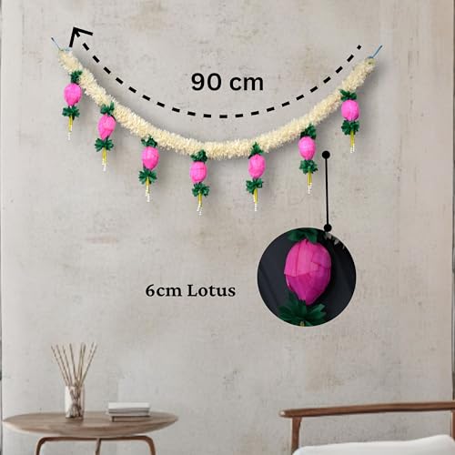 JOYNAGAR Toran for Door Decoration – 3ft Floral Bandhanwar with White Green Gajra & Pink Lotus – Artificial Flower Toran for Diwali, Navratri, Pooja Room, Home Entrance Decor - Image 2