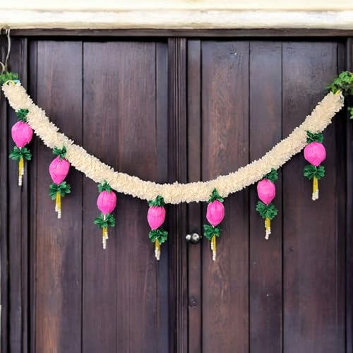 JOYNAGAR Toran for Door Decoration – 3ft Floral Bandhanwar with White Green Gajra & Pink Lotus – Artificial Flower Toran for Diwali, Navratri, Pooja Room, Home Entrance Decor - Image 3