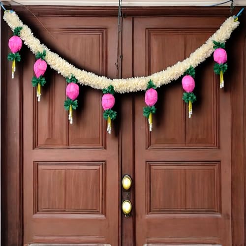 JOYNAGAR Toran for Door Decoration – 3ft Floral Bandhanwar with White Green Gajra & Pink Lotus – Artificial Flower Toran for Diwali, Navratri, Pooja Room, Home Entrance Decor - Image 1