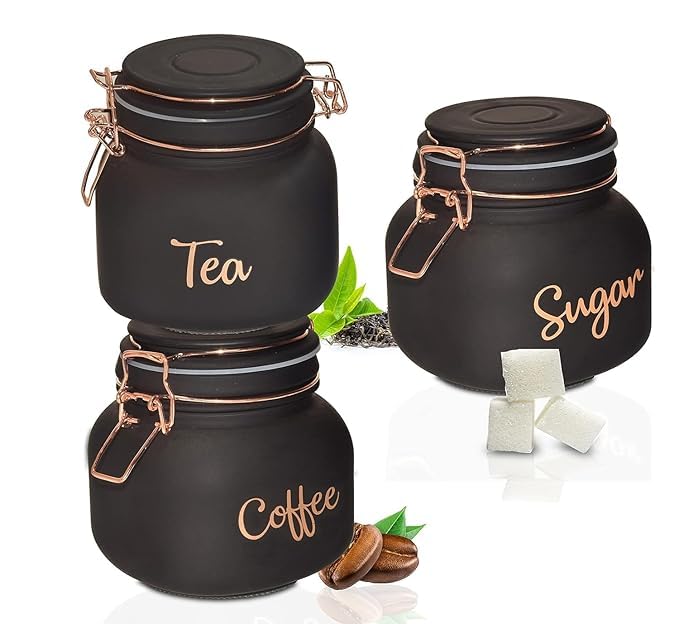 Red-Rubby RedRubby 700ml Glass Airtight tea coffee sugar containers for Kitchen Storage Container with Lid For Tea Coffee Sugar Dry Fruit jars Square Shape Storage Jar Set of 3 BlackRound - Image 1