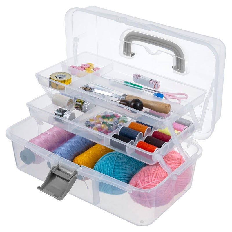 MyGift 13 Inch Transparent Plastic Empty Multipurpose Storage Box with Gray Handle Latching Lid and 2 Expandable Trays for Tools First Aid Sewing Kit Arts Crafts Supplies