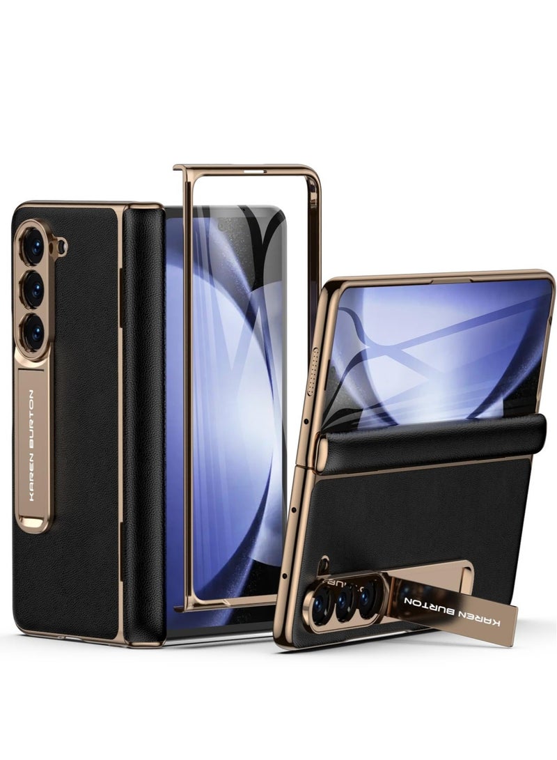 Captaintech Luxury Genuine Leather Phone Case for Samsung Galaxy Z Fold 5 - Full Body Protection, Built-in Screen Protector, Kickstand, Drop Proof Cover (Black) - Image 1