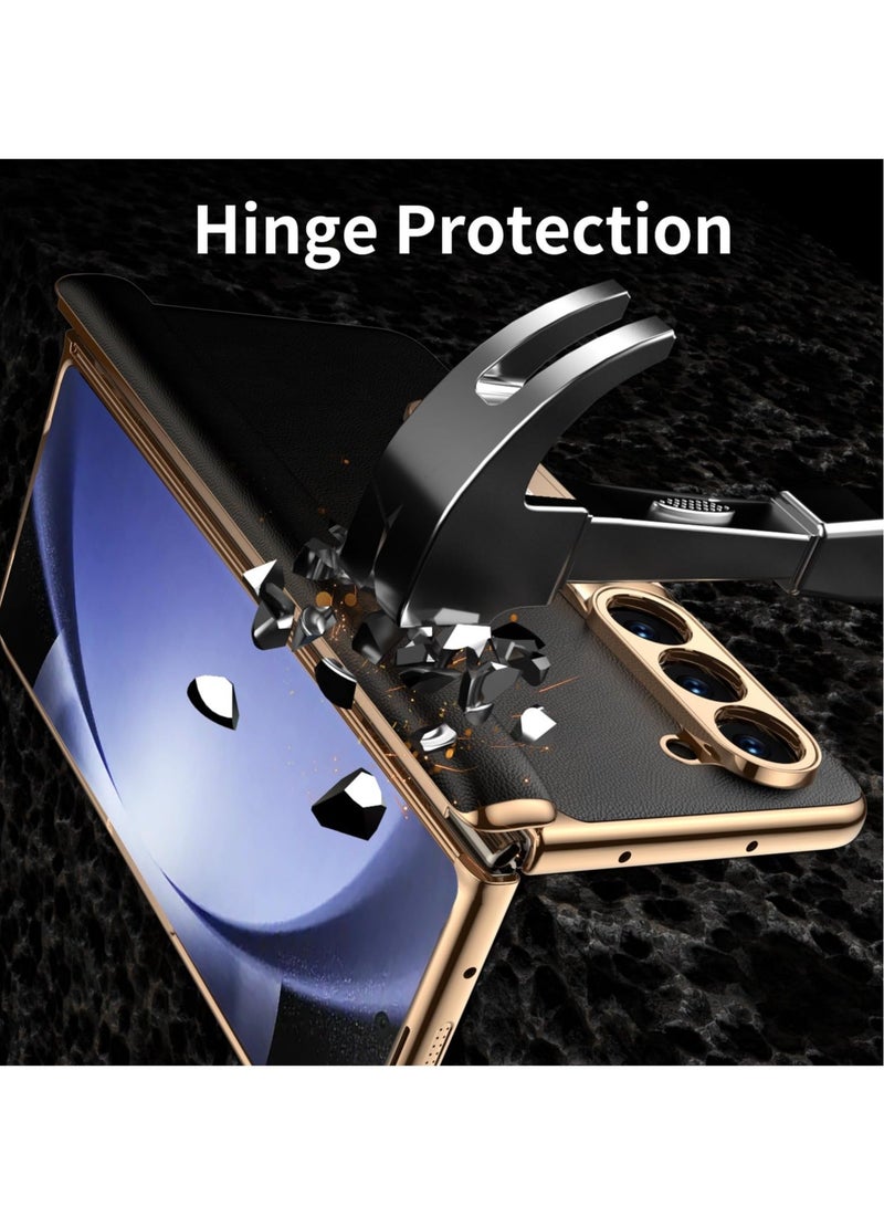 Captaintech Luxury Genuine Leather Phone Case for Samsung Galaxy Z Fold 5 - Full Body Protection, Built-in Screen Protector, Kickstand, Drop Proof Cover (Black) - Image 3