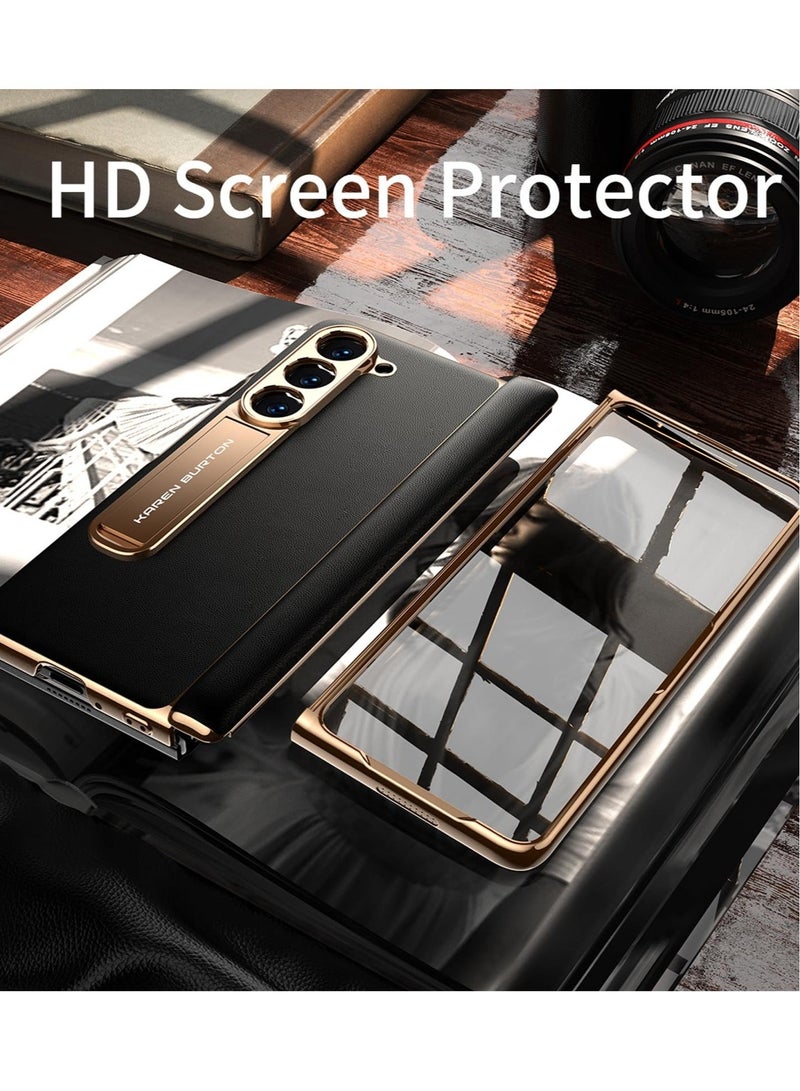 Captaintech Luxury Genuine Leather Phone Case for Samsung Galaxy Z Fold 5 - Full Body Protection, Built-in Screen Protector, Kickstand, Drop Proof Cover (Black) - Image 4