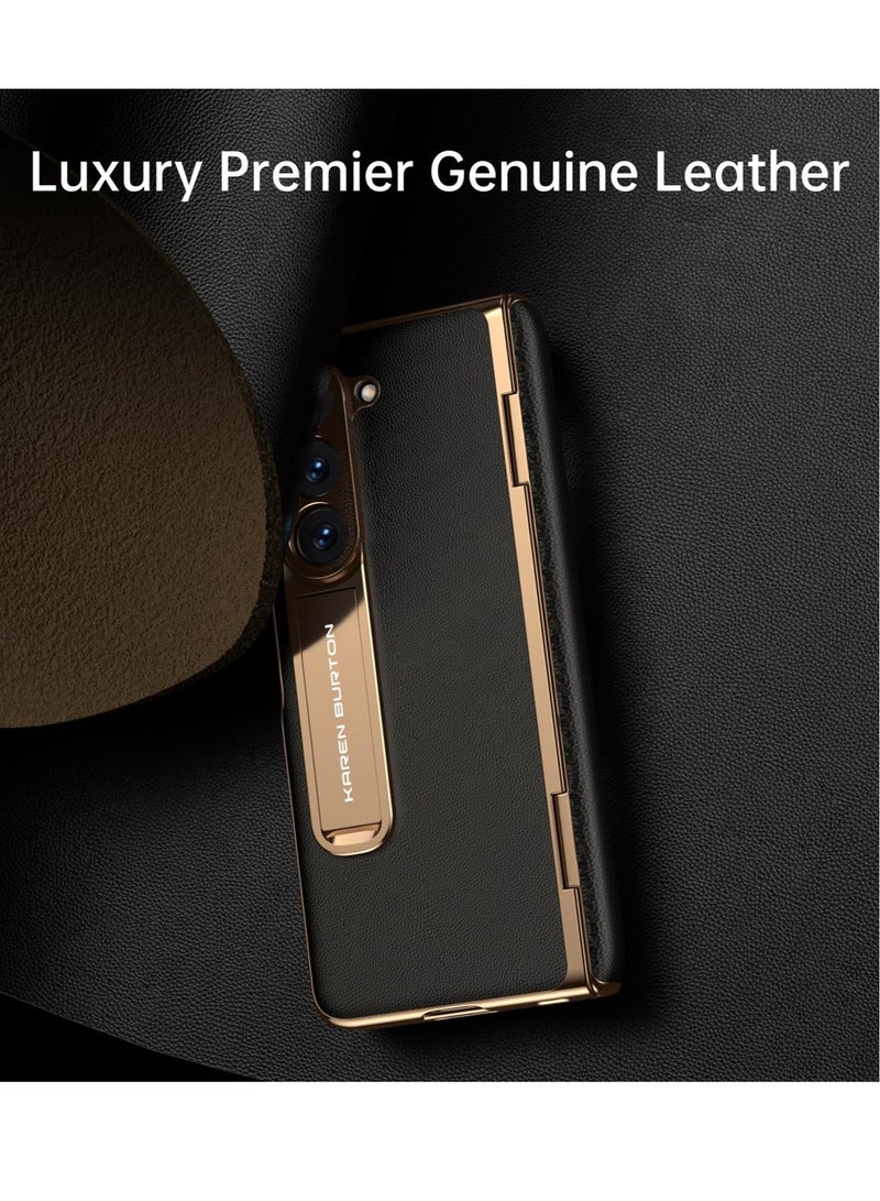 Captaintech Luxury Genuine Leather Phone Case for Samsung Galaxy Z Fold 5 - Full Body Protection, Built-in Screen Protector, Kickstand, Drop Proof Cover (Black) - Image 2