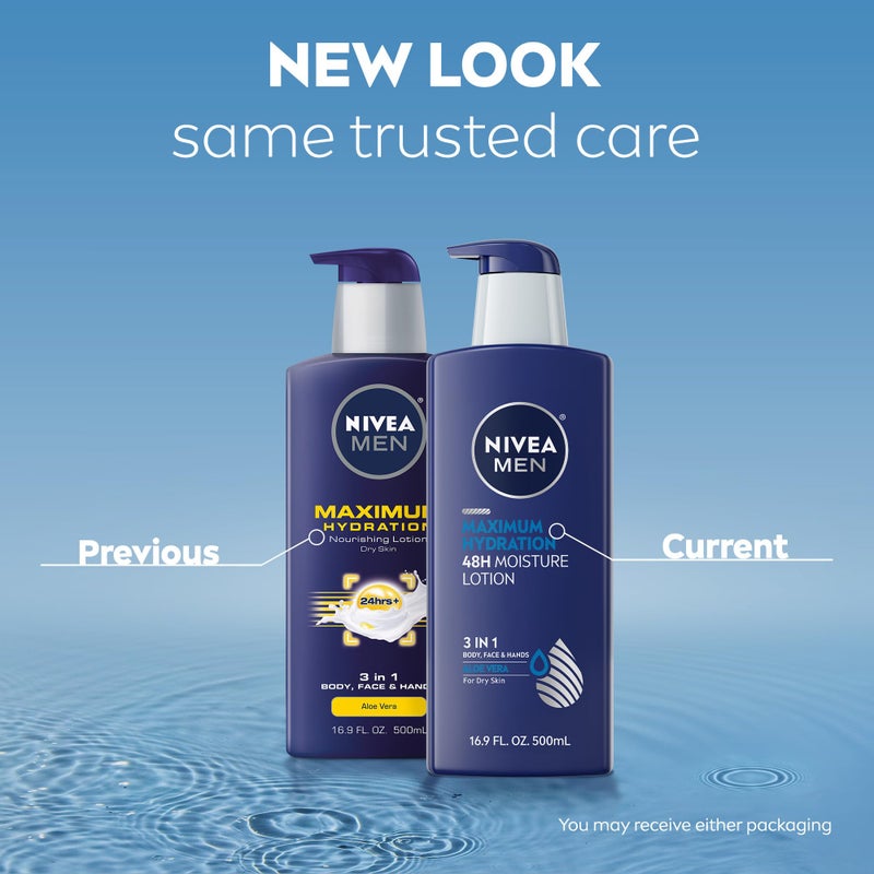 NIVEA MEN Maximum Hydration 48-Hour Moisture Body Lotion for Dry Skin, Aloe Vera Lotion for Men, 3-in-1 Body, Face and Hands, Dermatologically-Tested, Holiday Gifts for Men, 16.9 Fl Oz Bottle - Image 2