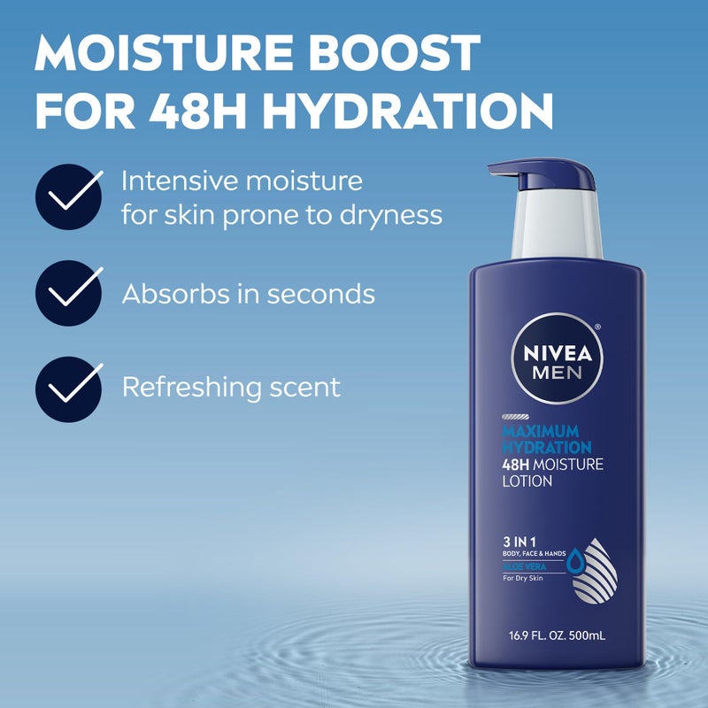 NIVEA MEN Maximum Hydration 48-Hour Moisture Body Lotion for Dry Skin, Aloe Vera Lotion for Men, 3-in-1 Body, Face and Hands, Dermatologically-Tested, Holiday Gifts for Men, 16.9 Fl Oz Bottle - Image 3