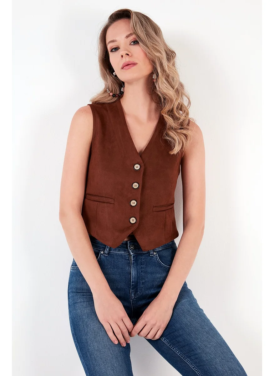 Lela Fitted V-Neck Buttoned Crop Scuba Suede Vest Women's Vest 5865576