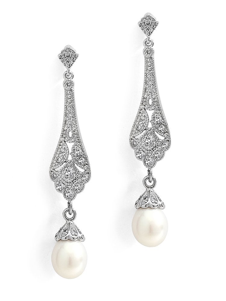 Mariell Cubic Zirconia Vintage Art Deco Dangle Earring with Freshwater Pearl Drops for Brides or Weddings - Image 1