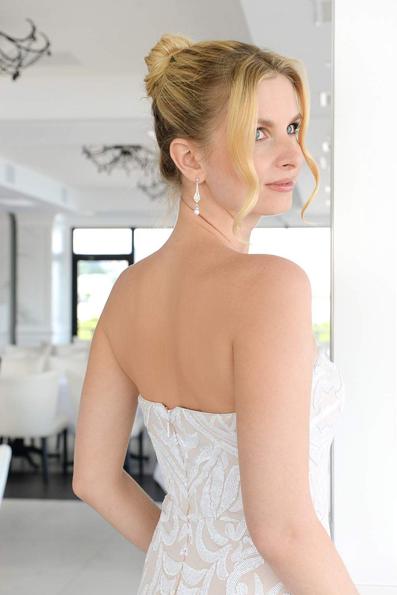 Mariell Cubic Zirconia Vintage Art Deco Dangle Earring with Freshwater Pearl Drops for Brides or Weddings - Image 3