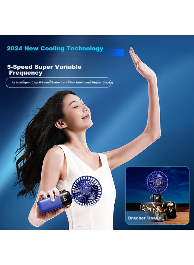 Portable Mini Fan With Stand Usb Foldable Desktop Hanging Neck Outdoor Student Dormitory Office Light Music Charging High Wind Power Long Endurance Blue